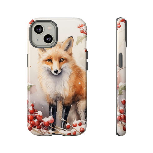Christmas Fox in a Wreath of Red Berries - Impact Resistant Phone Case iPhone 14 Glossy